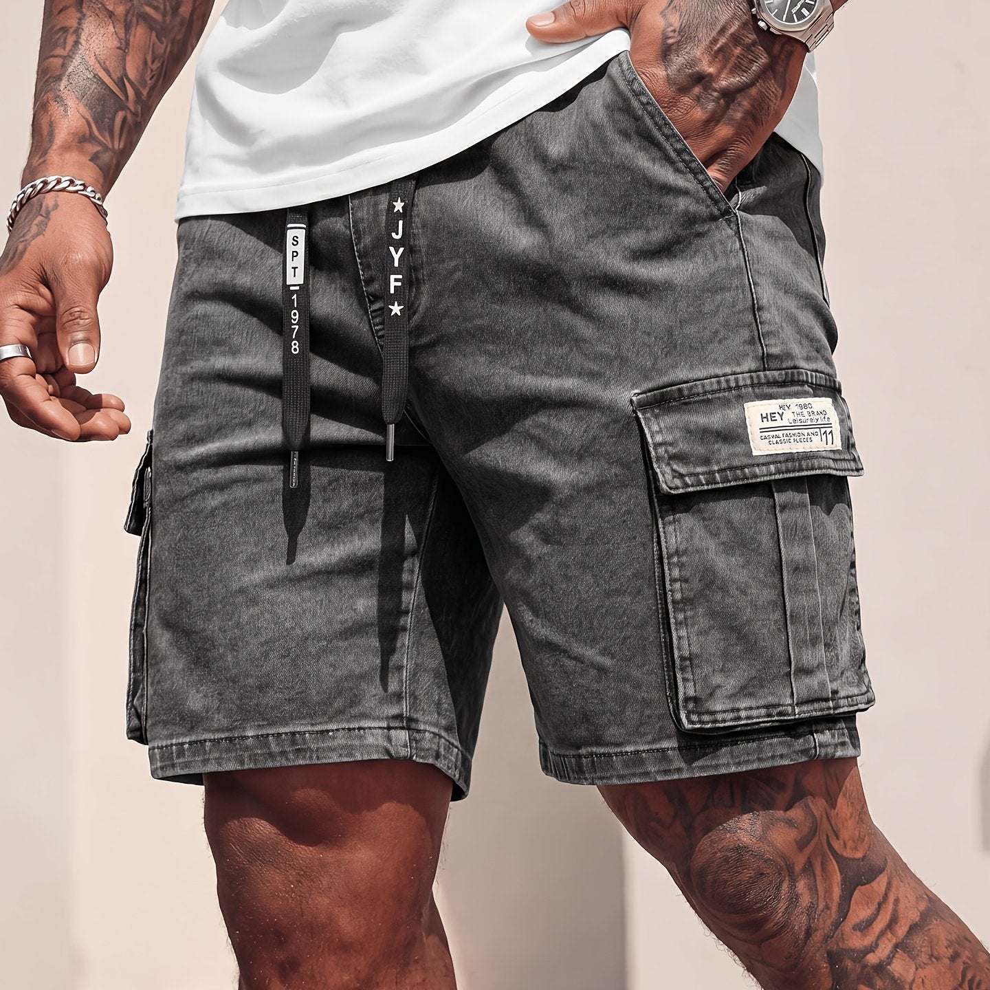 Rovello Washed Cargo Denim Shorts