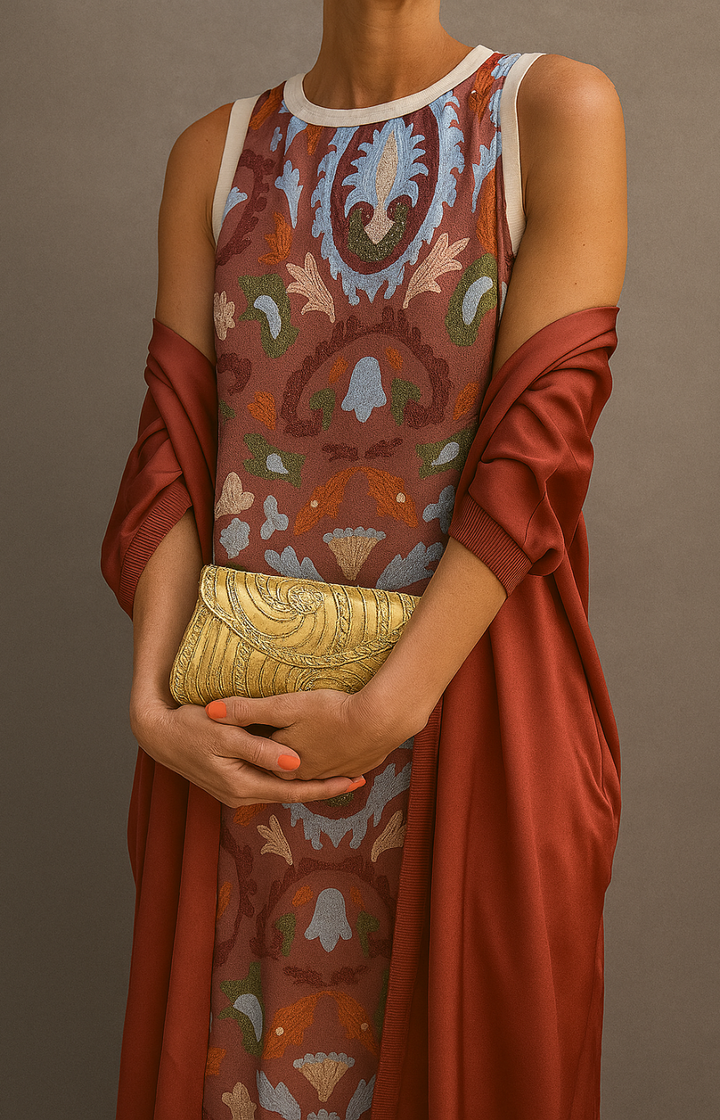 Élina Printed Long Dress & Matching Gilet Set