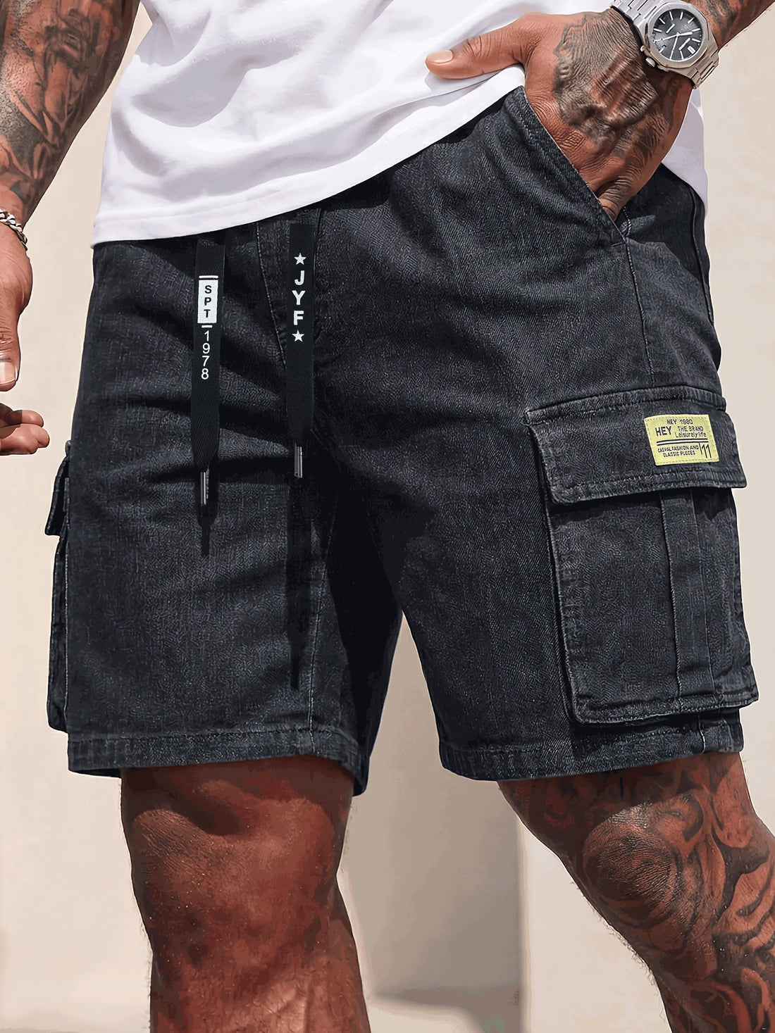 Rovello Washed Cargo Denim Shorts
