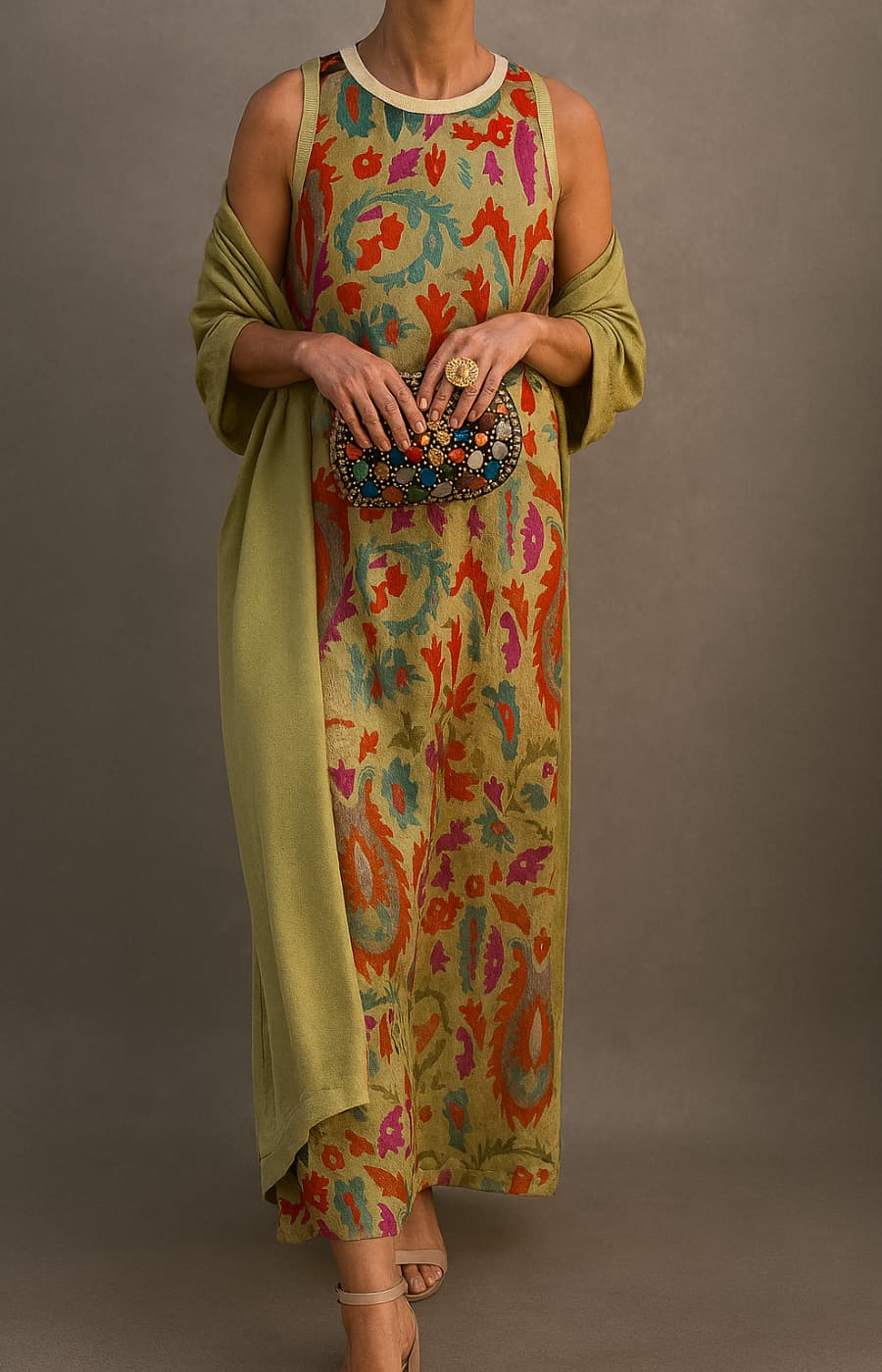 Élina Printed Long Dress & Matching Gilet Set