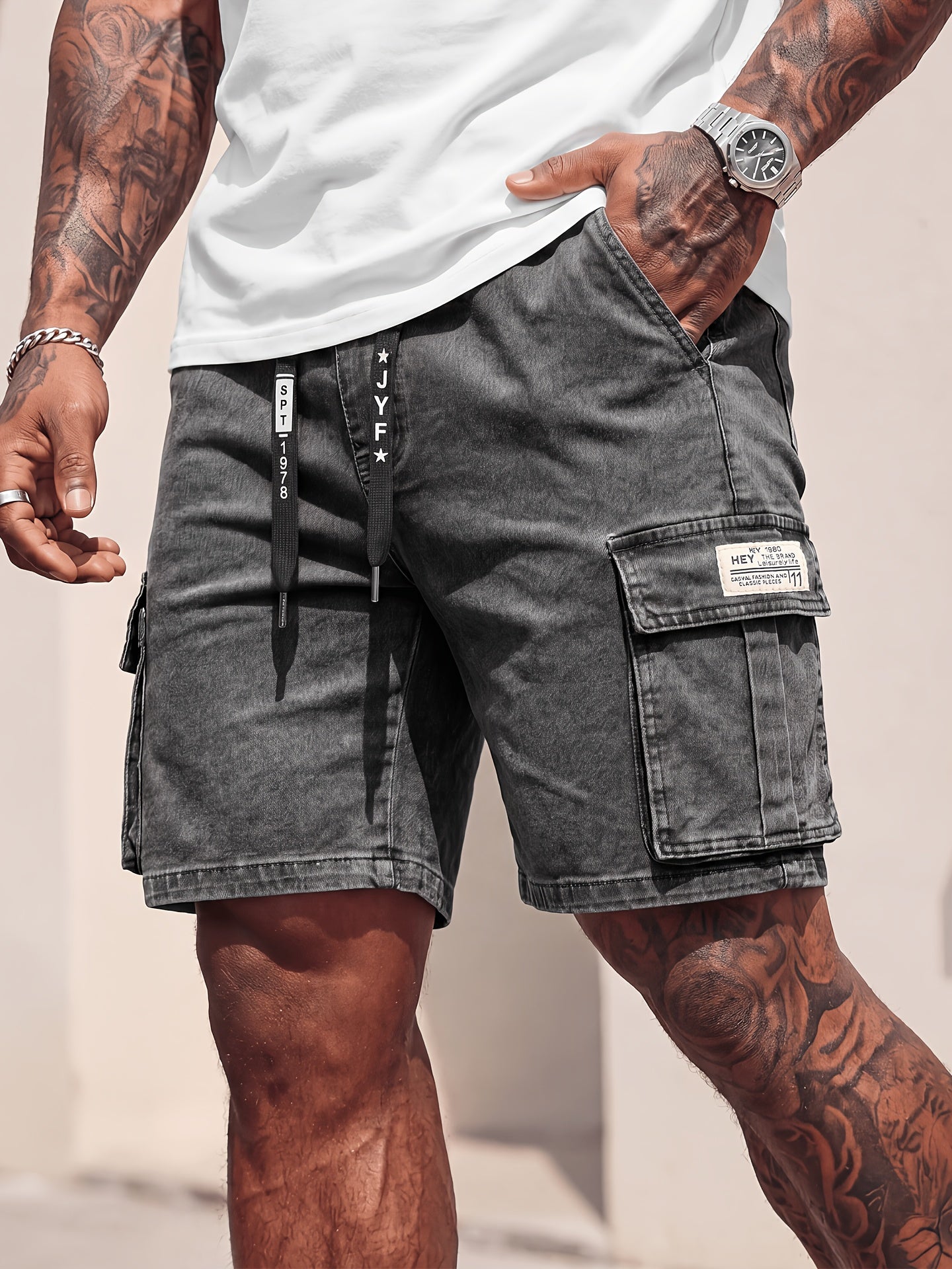 Rovello Washed Cargo Denim Shorts