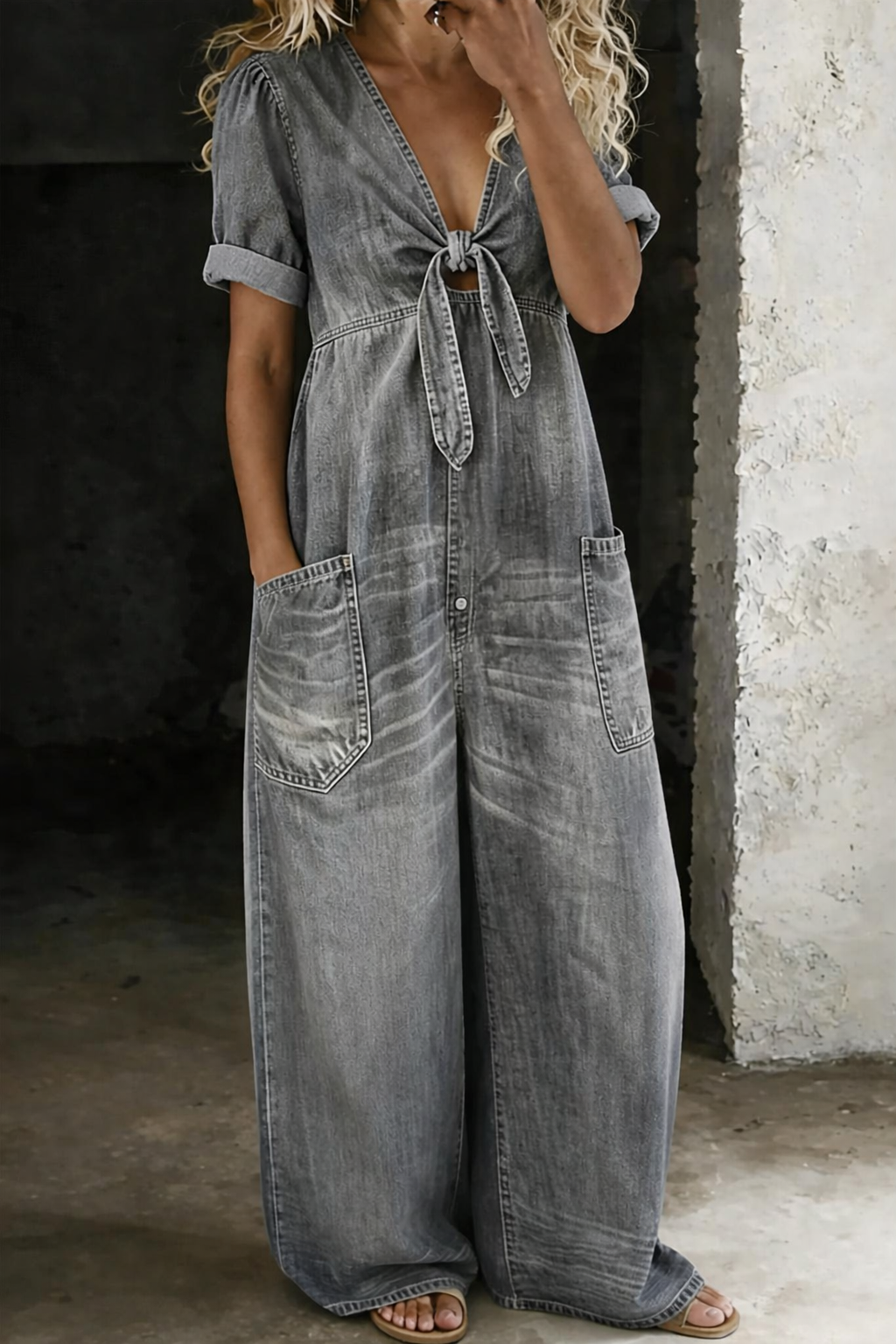 Viora V-Neck Denim Jumpsuit