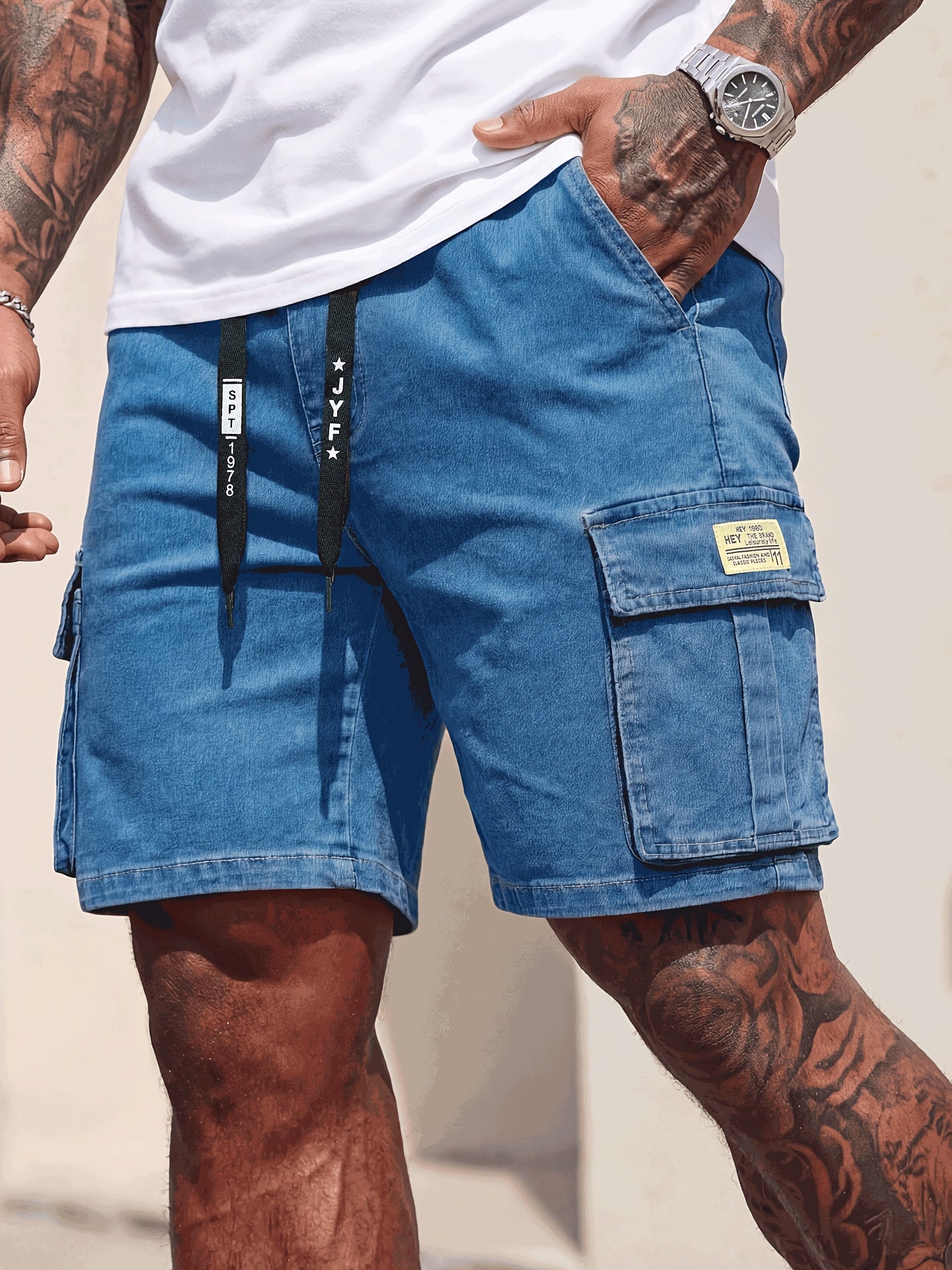 Rovello Washed Cargo Denim Shorts